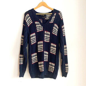 Vintage Pringle Blue Cotton Plaid Unique V Neck Pullover Hong Kong XL